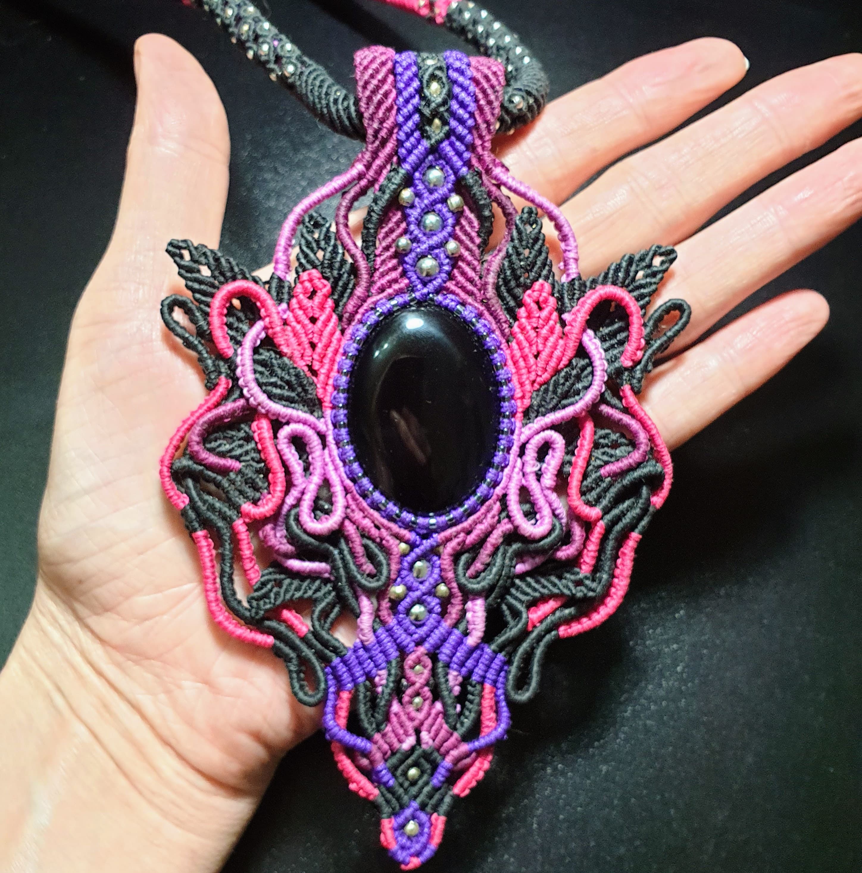 Black Onyx Macrame Necklace, Gothic Statement Pendant, Boho Jewelry, Adjustable Length