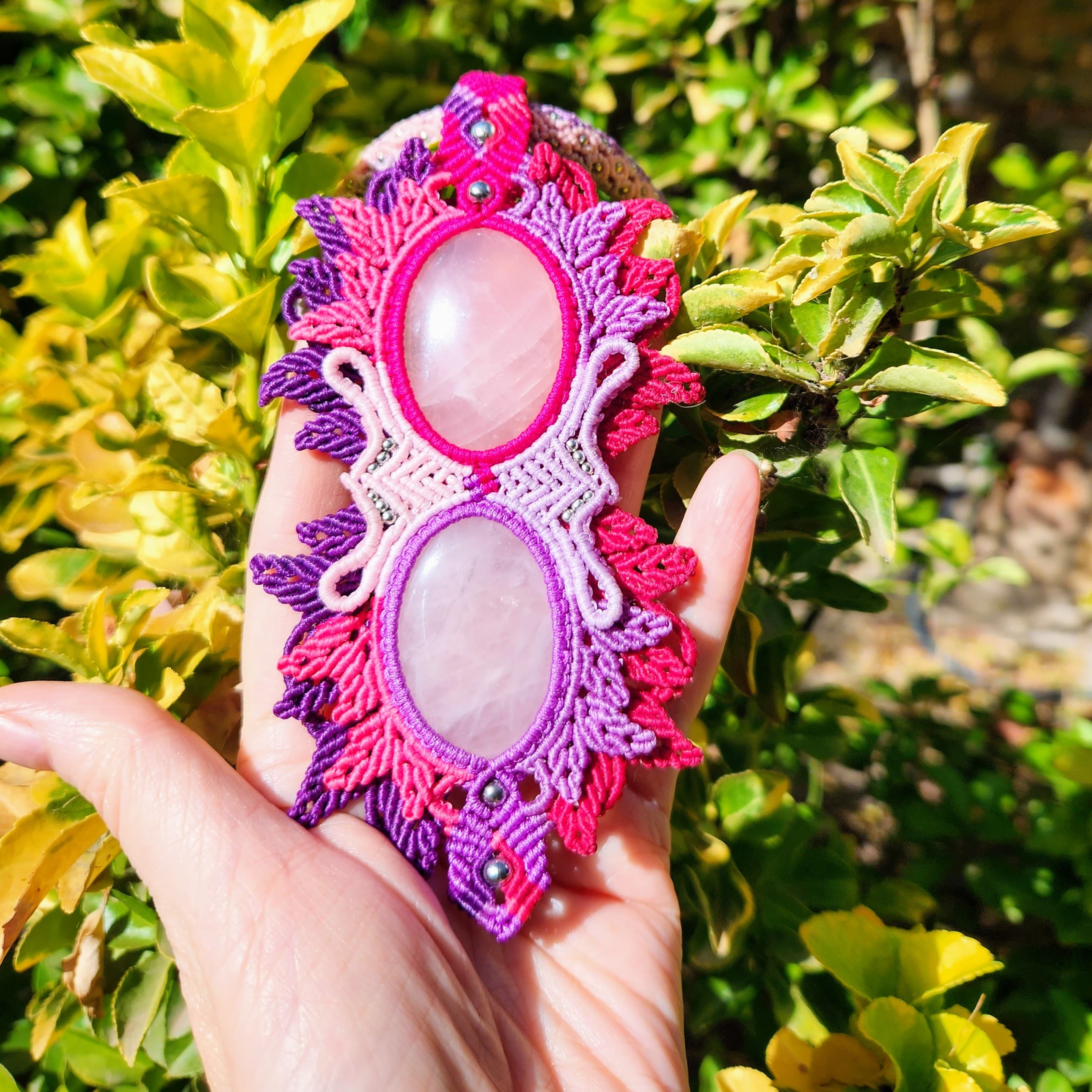 Macrame Rose Quartz Double Pendant Necklace | Pink & Purple Statement Necklace